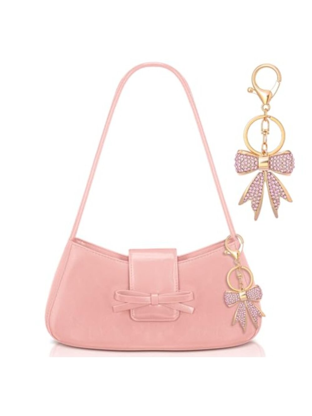 Rhinestone Bow Charm Shoulder Bag Leather Clutch Satchel Handbag